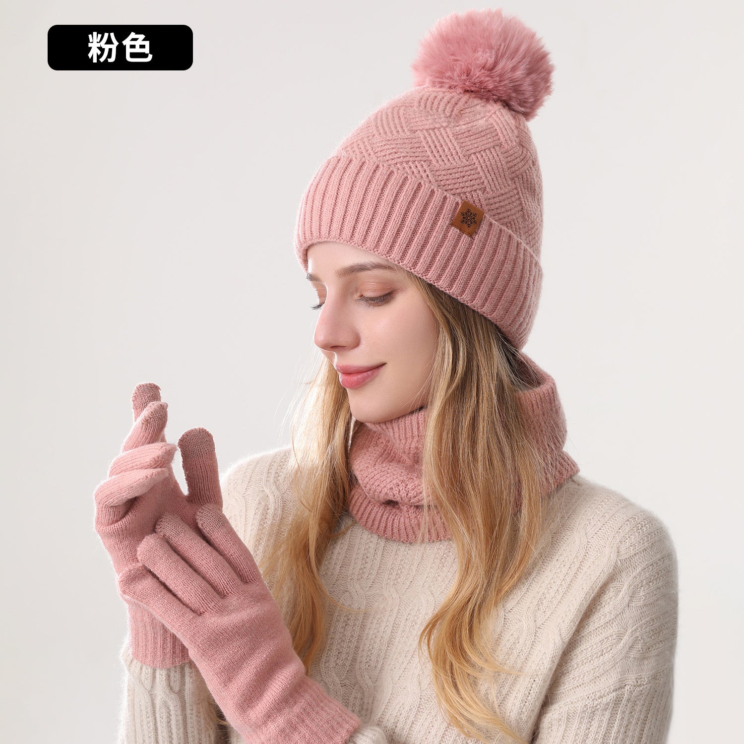 Wholesale Women' s knitted hat winter cold-proof double-layer f outdoor warm knitted hat f gloves three-piece set